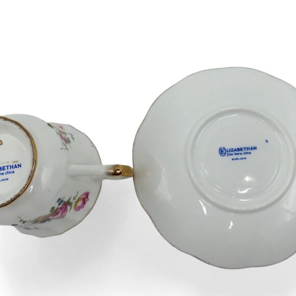 ELIZABETHAN Tea Cup And Saucer Gold Trim Scalloped Pink Flowers England Vintage - Picture 8 of 11